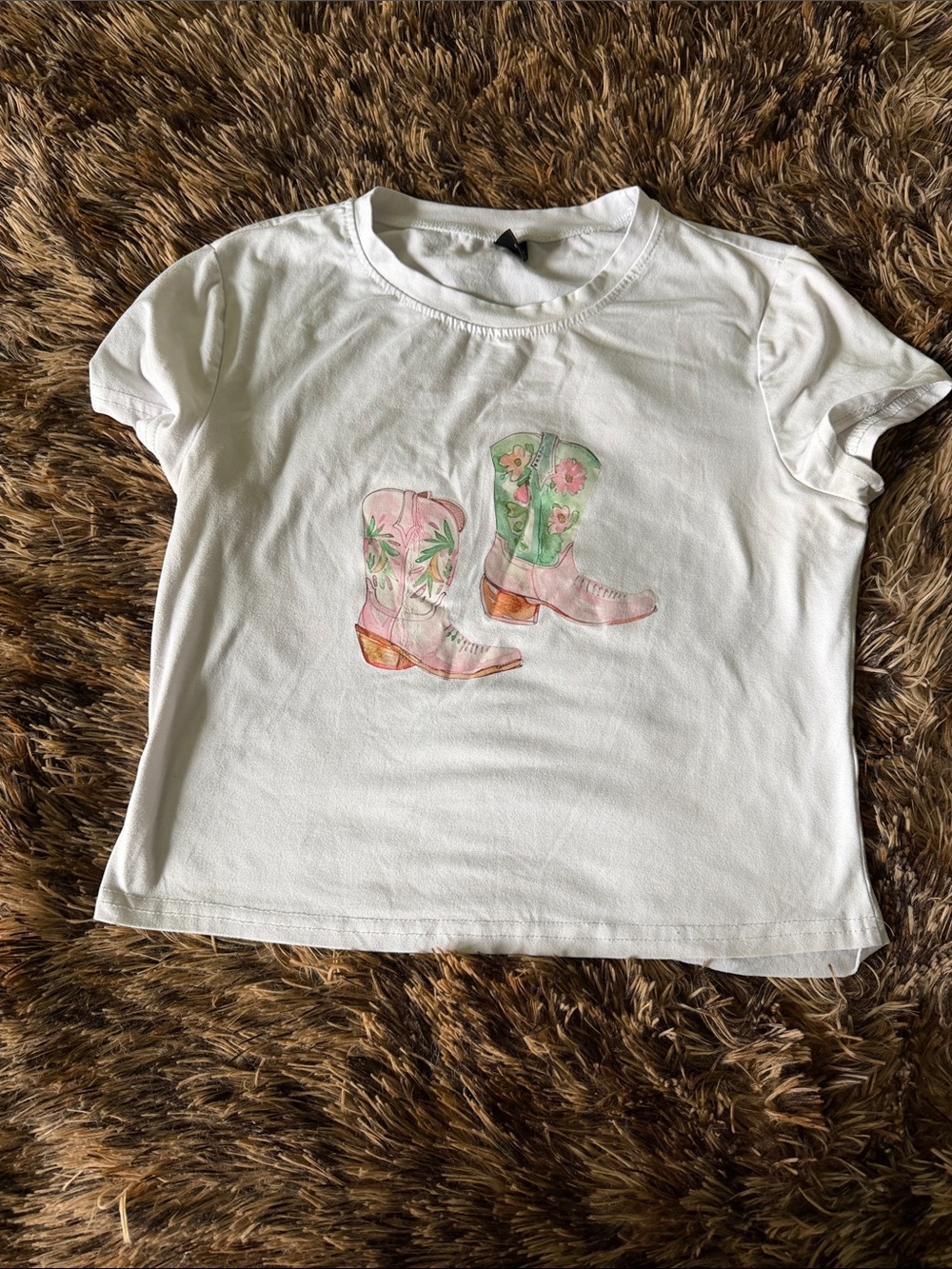 Girls' White Short-Sleeve Tee with Pink & Green Cowboy Boot Graphic